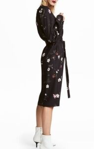H&M black floral button sleeve puff shoulder long sleeve midi tie waist dress